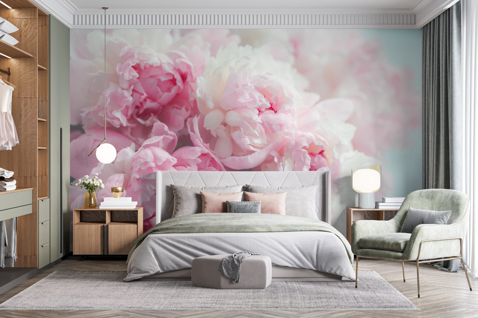 Fotobehang boeket van delicate en sierlijke roze pioenrozen