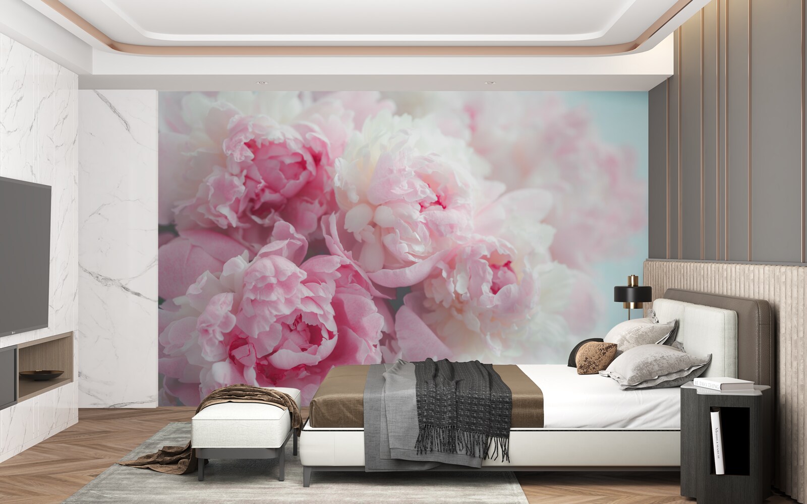 Fotobehang boeket van delicate en sierlijke roze pioenrozen