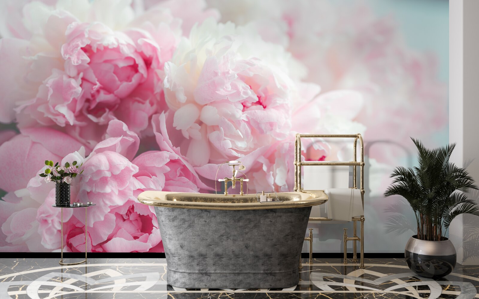 Fotobehang boeket van delicate en sierlijke roze pioenrozen