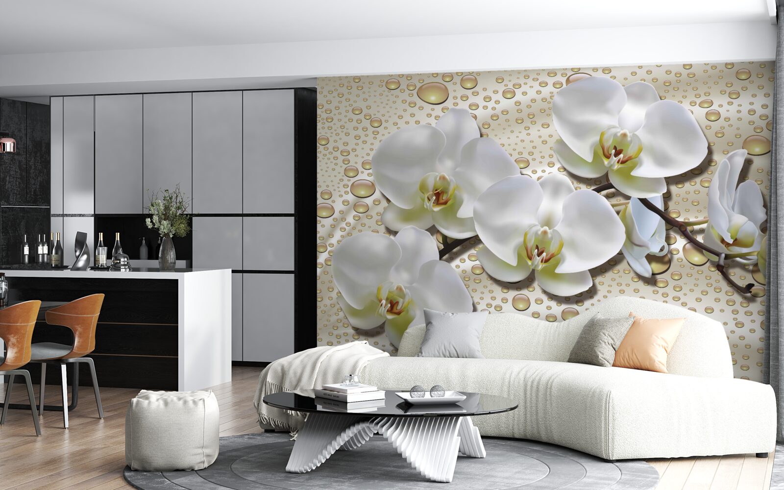 Fotobehang witte orchideeëntak bevochtigd door regen op zijde