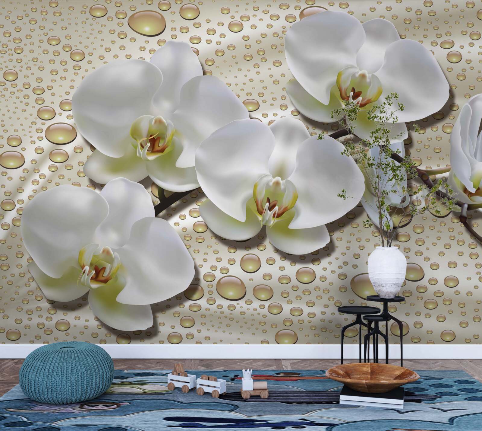 Fotobehang witte orchideeëntak bevochtigd door regen op zijde