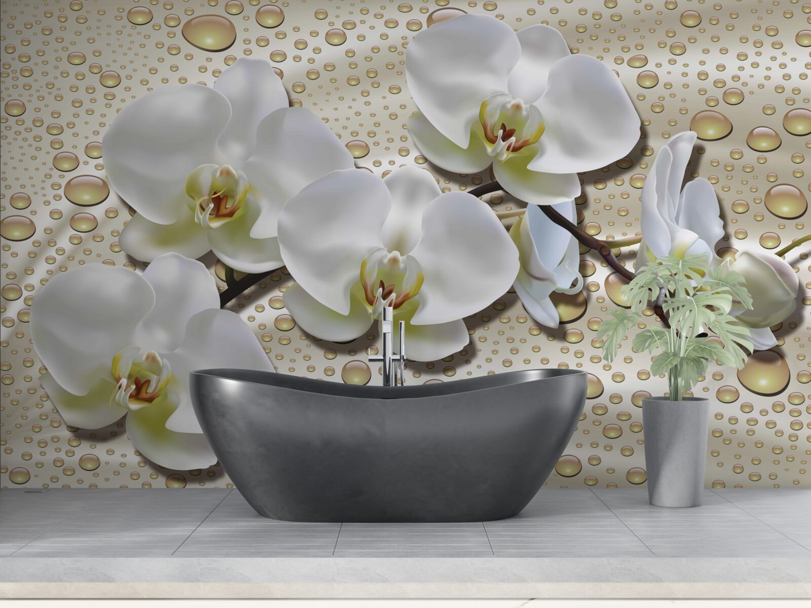 Fotobehang witte orchideeëntak bevochtigd door regen op zijde