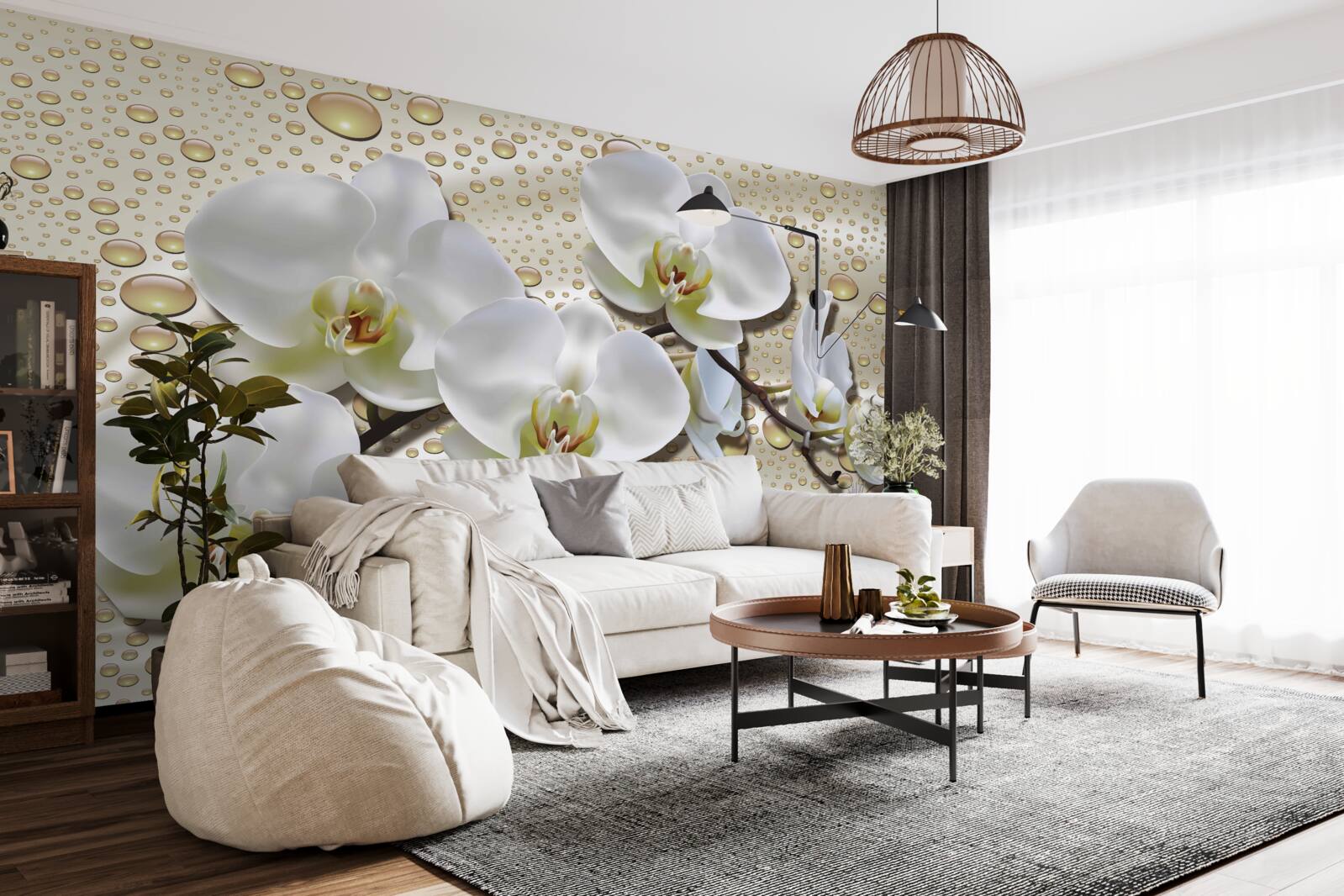 Fotobehang witte orchideeëntak bevochtigd door regen op zijde