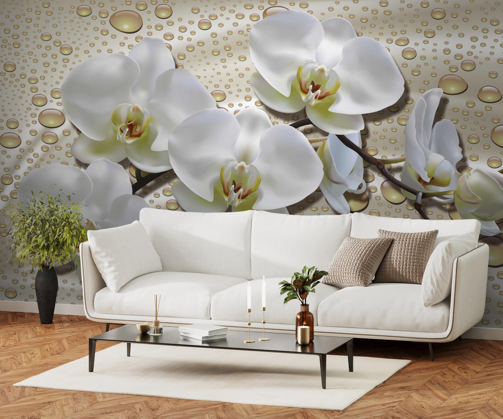 Fotobehang witte orchideeëntak bevochtigd door regen op zijde