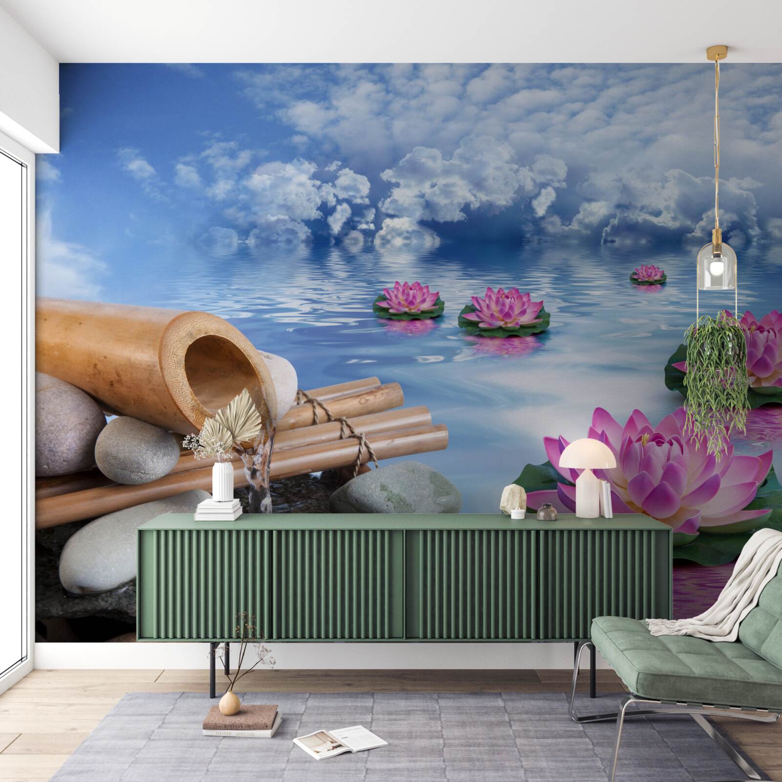 Fotobehang paarse lotussen drijvend op water