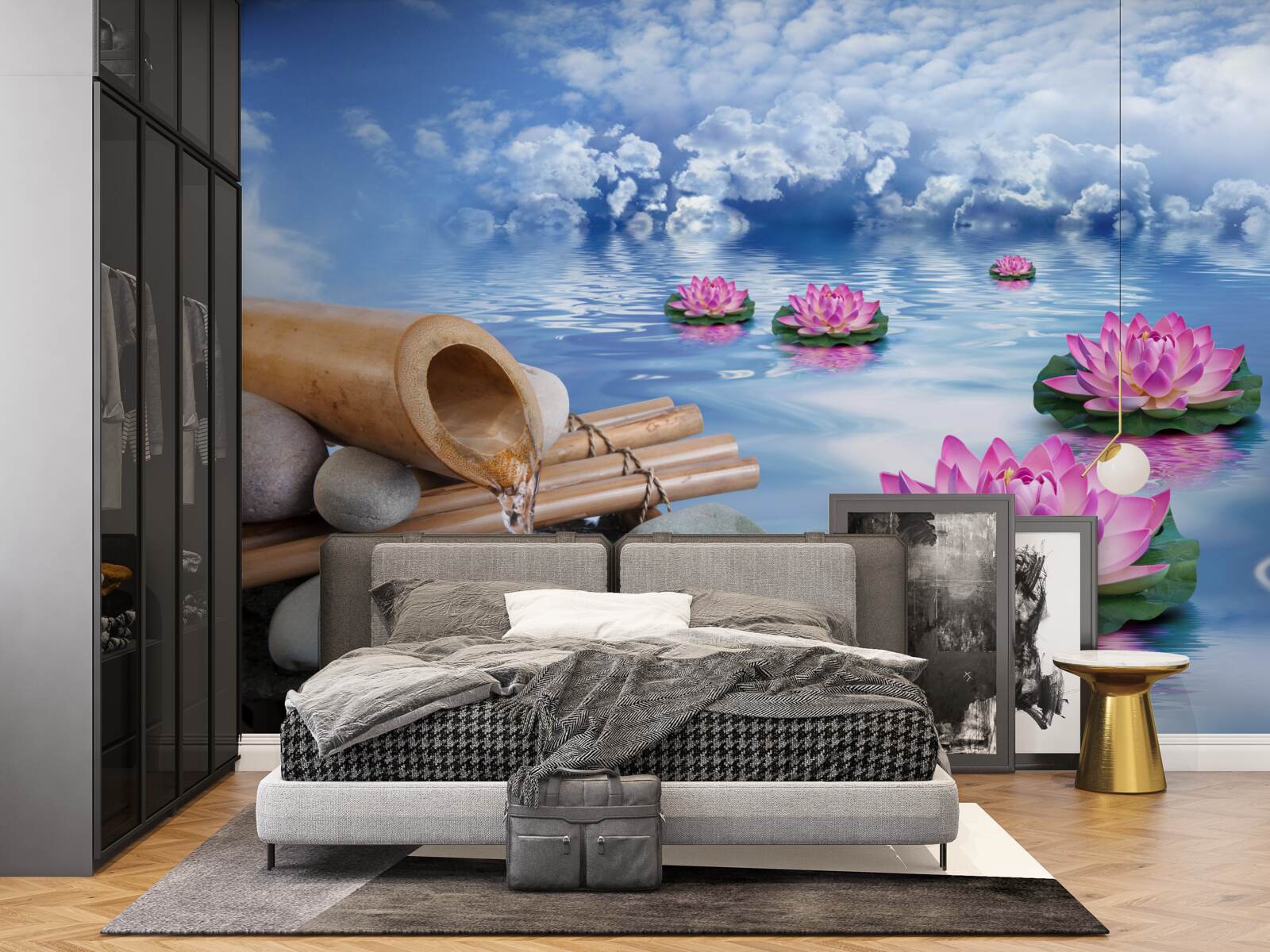 Fotobehang paarse lotussen drijvend op water