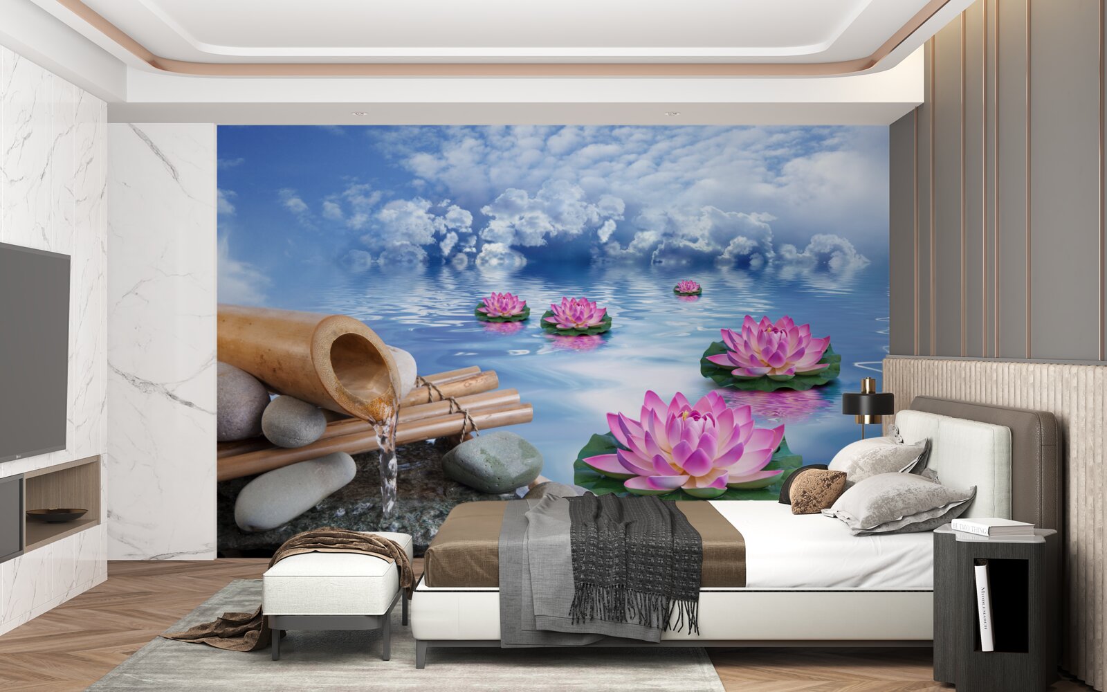 Fotobehang paarse lotussen drijvend op water