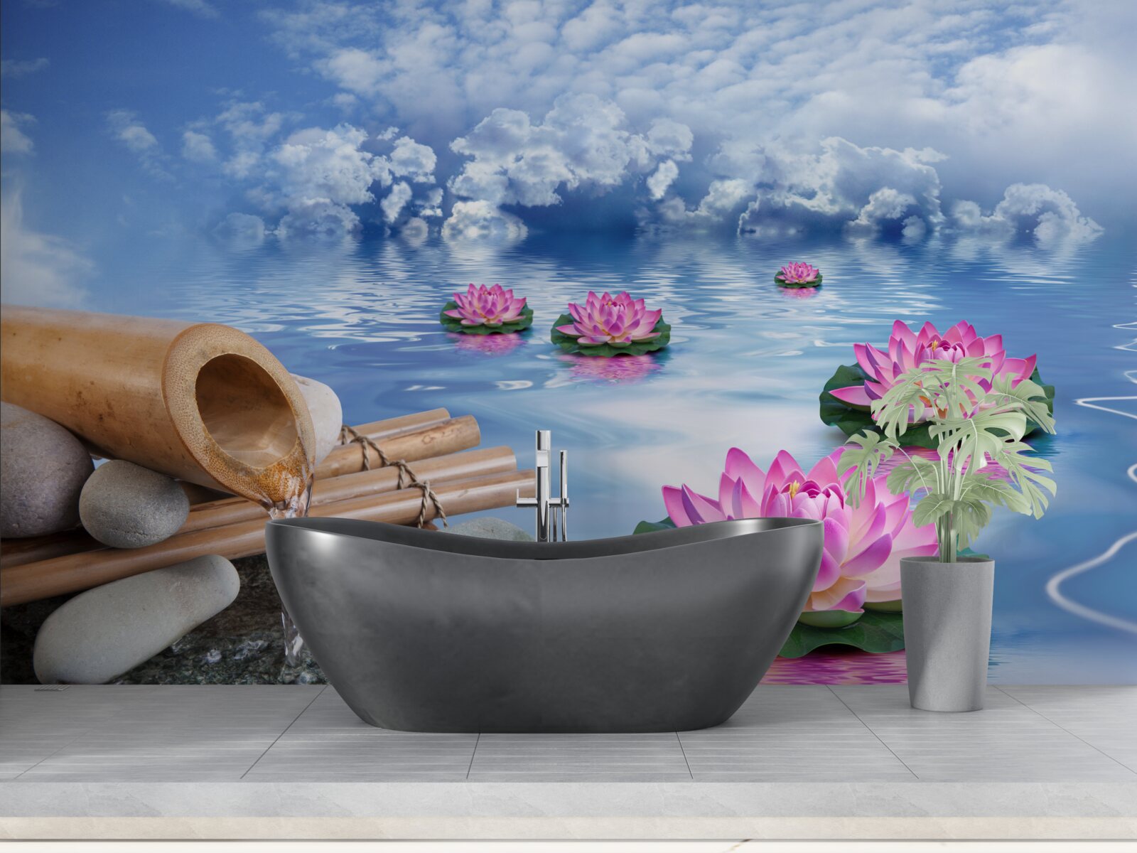 Fotobehang paarse lotussen drijvend op water