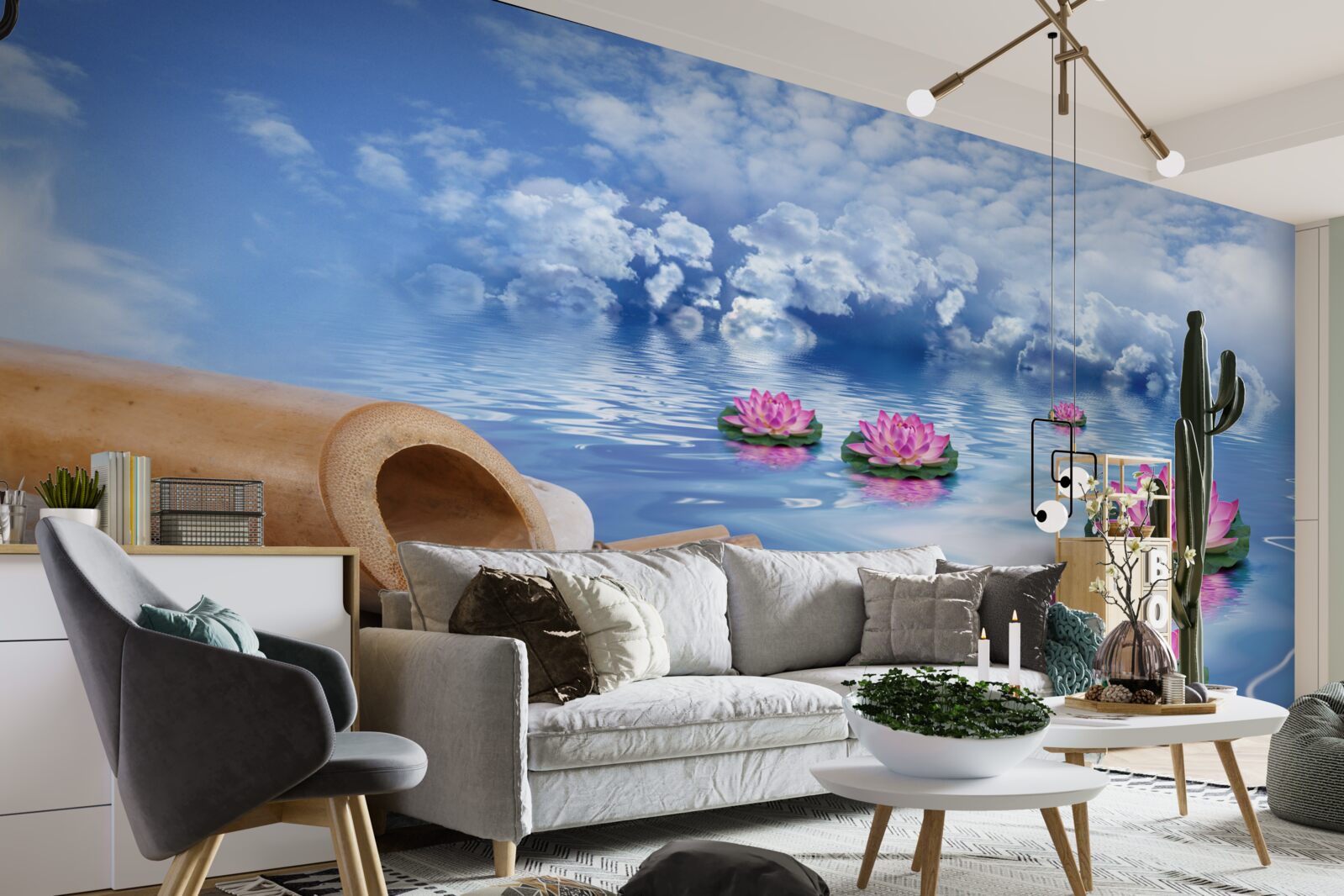 Fotobehang paarse lotussen drijvend op water