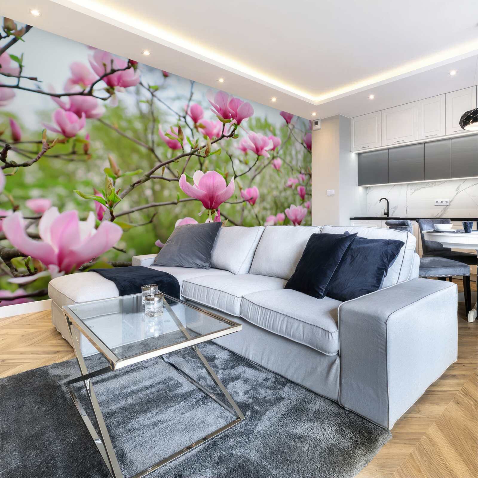 Fotobehang magnolia tuin met roze bloemen in de zomer