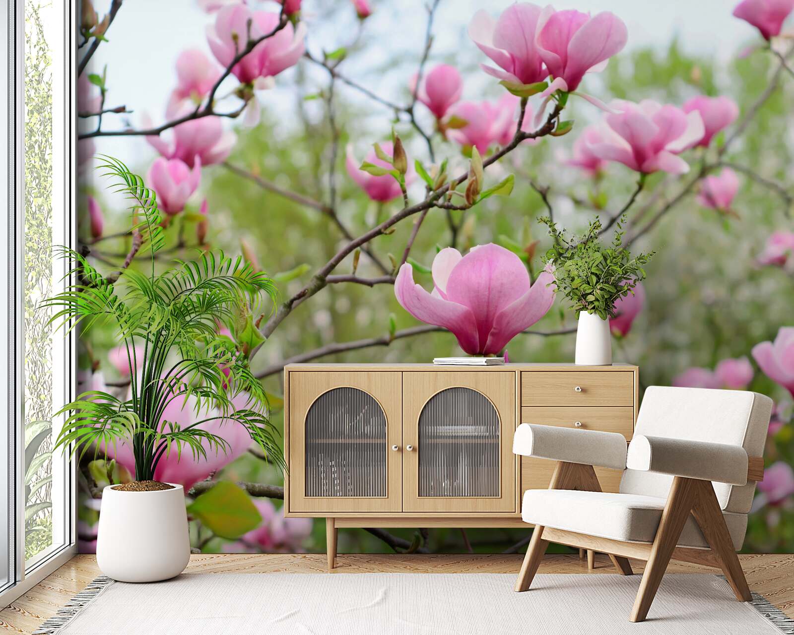 Fotobehang magnolia tuin met roze bloemen in de zomer