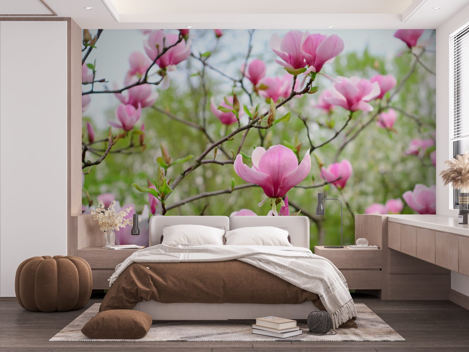 Fotobehang magnolia tuin met roze bloemen in de zomer