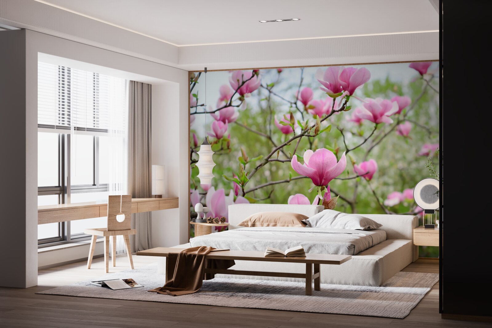 Fotobehang magnolia tuin met roze bloemen in de zomer