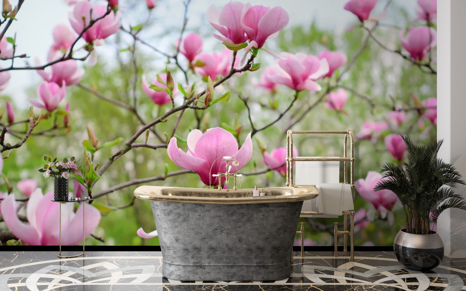 Fotobehang magnolia tuin met roze bloemen in de zomer