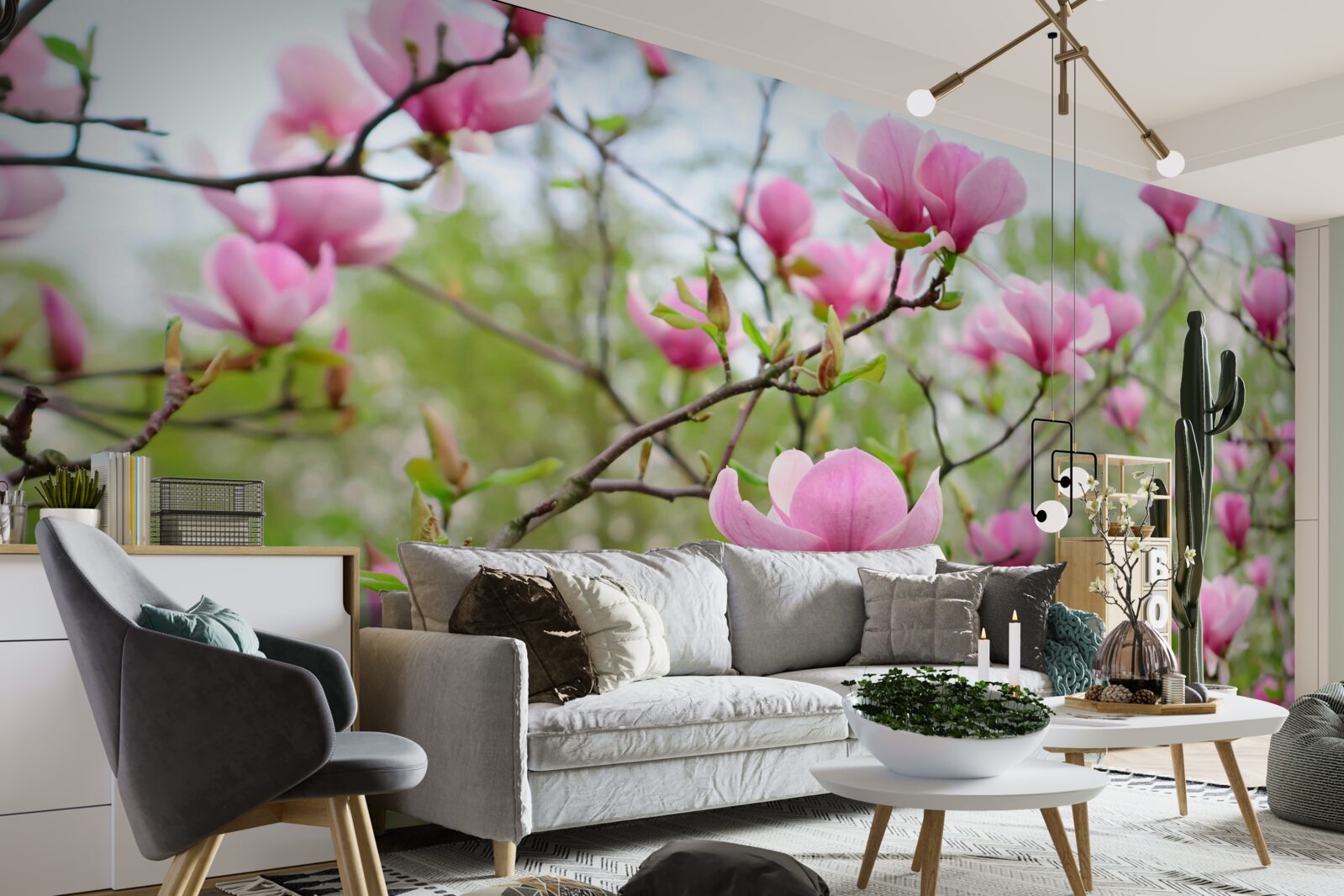 Fotobehang magnolia tuin met roze bloemen in de zomer