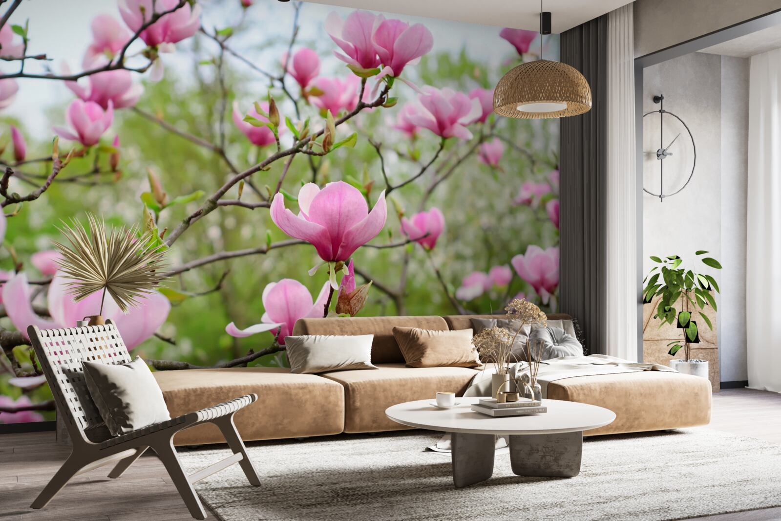 Fotobehang magnolia tuin met roze bloemen in de zomer