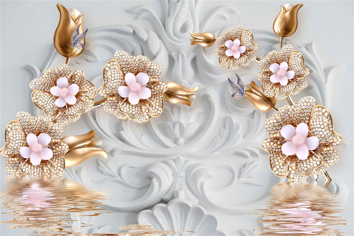 Fotobehang witte bloemen, afgewerkt in brons en versierd met kristallen