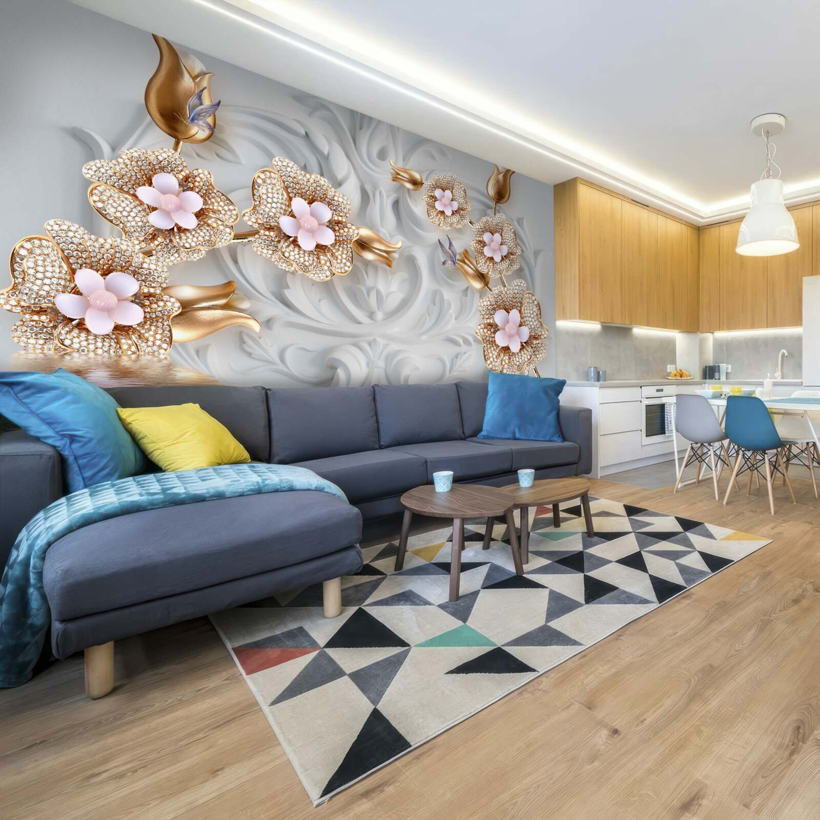 Fotobehang witte bloemen, afgewerkt in brons en versierd met kristallen