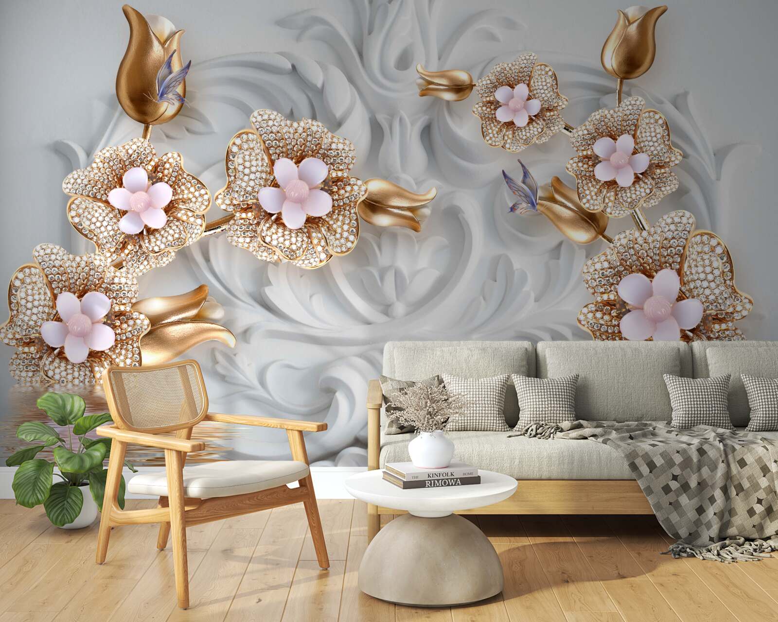 Fotobehang witte bloemen, afgewerkt in brons en versierd met kristallen