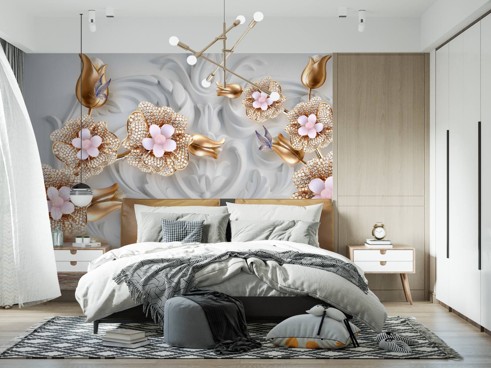 Fotobehang witte bloemen, afgewerkt in brons en versierd met kristallen