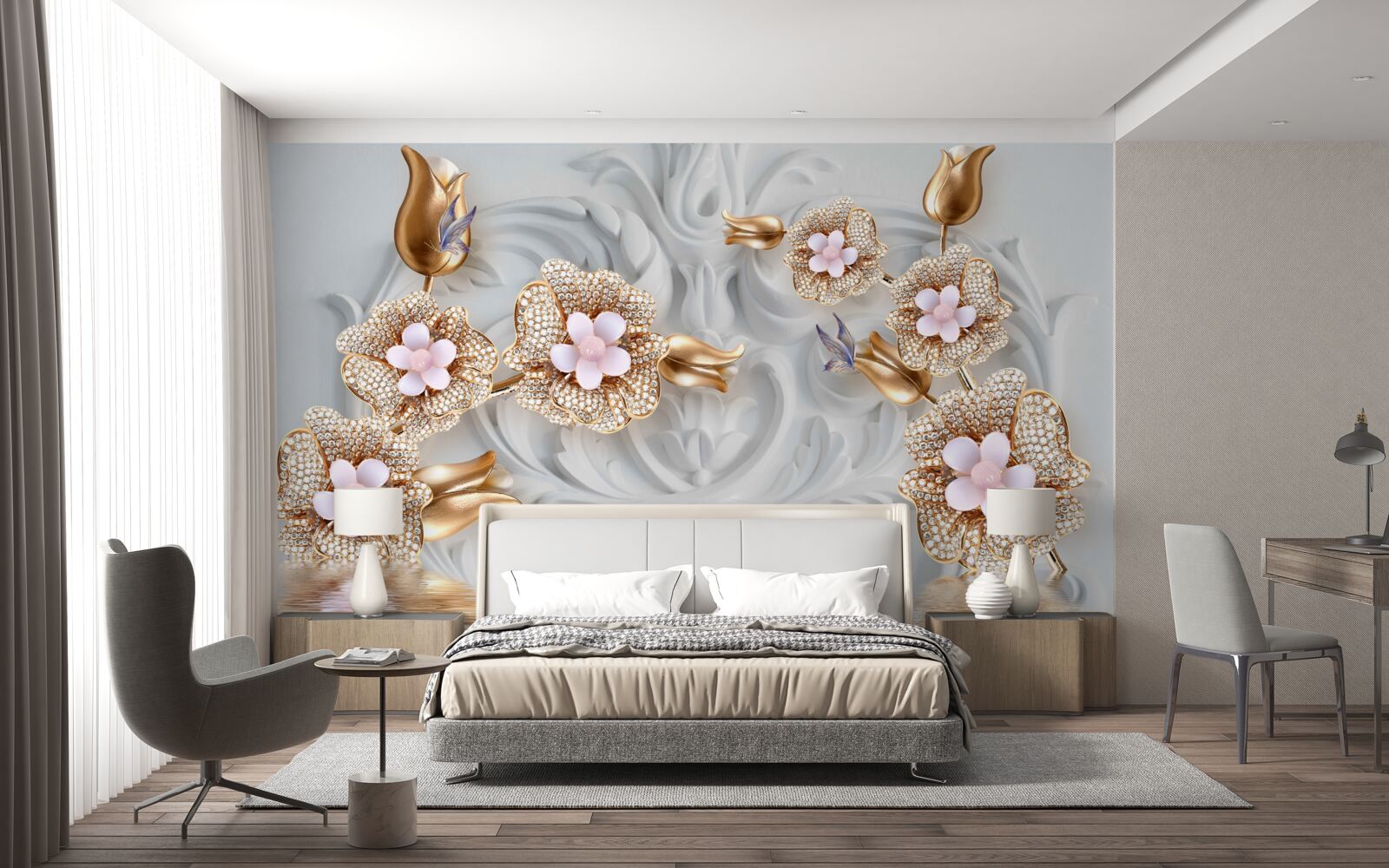 Fotobehang witte bloemen, afgewerkt in brons en versierd met kristallen