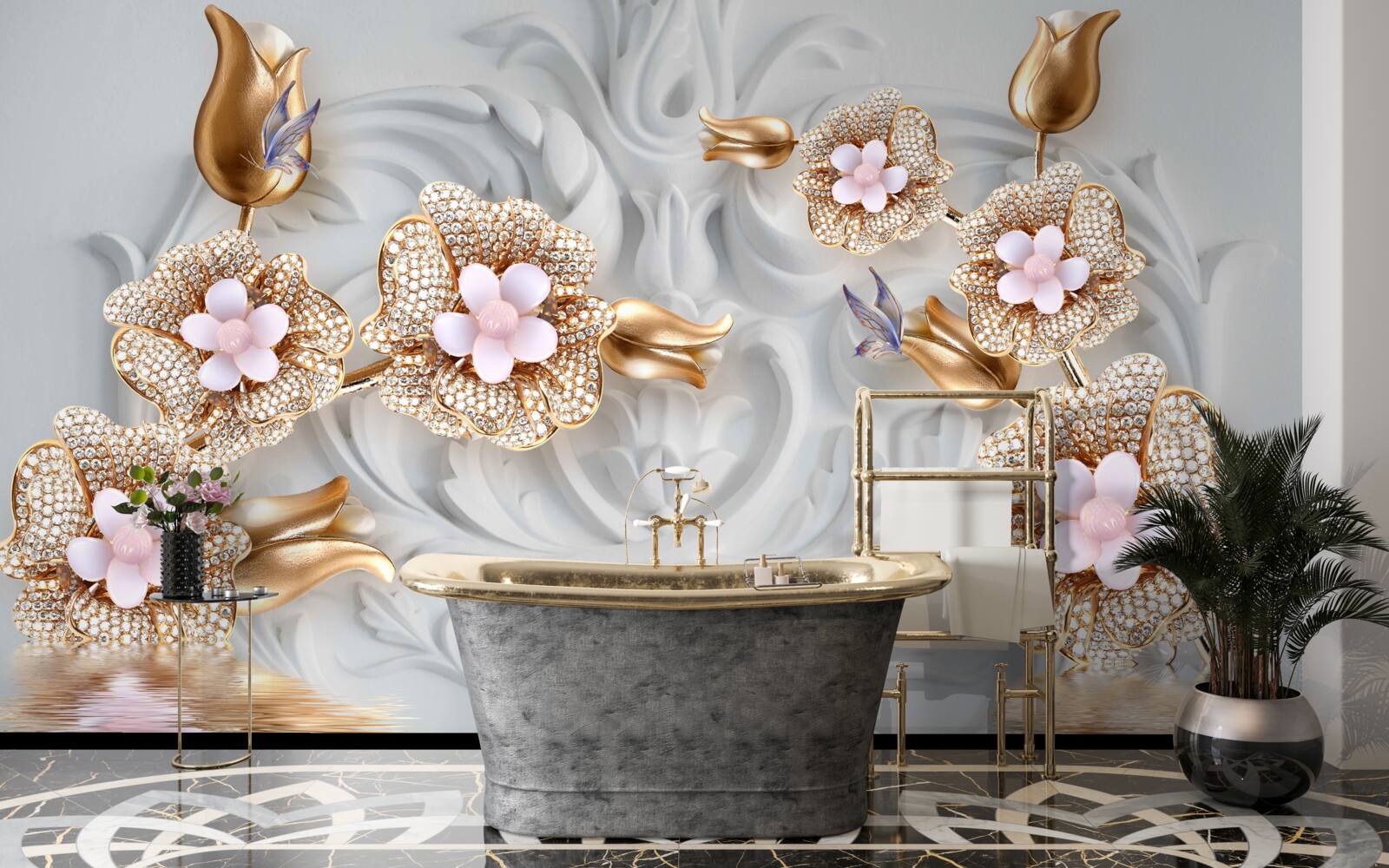 Fotobehang witte bloemen, afgewerkt in brons en versierd met kristallen