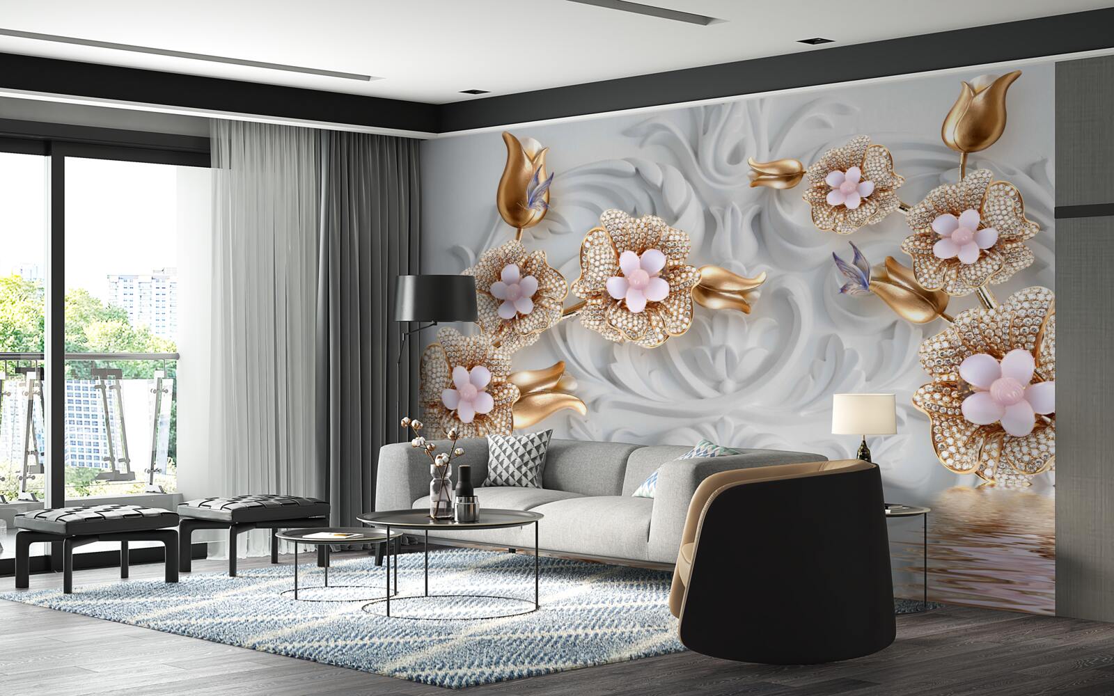 Fotobehang witte bloemen, afgewerkt in brons en versierd met kristallen