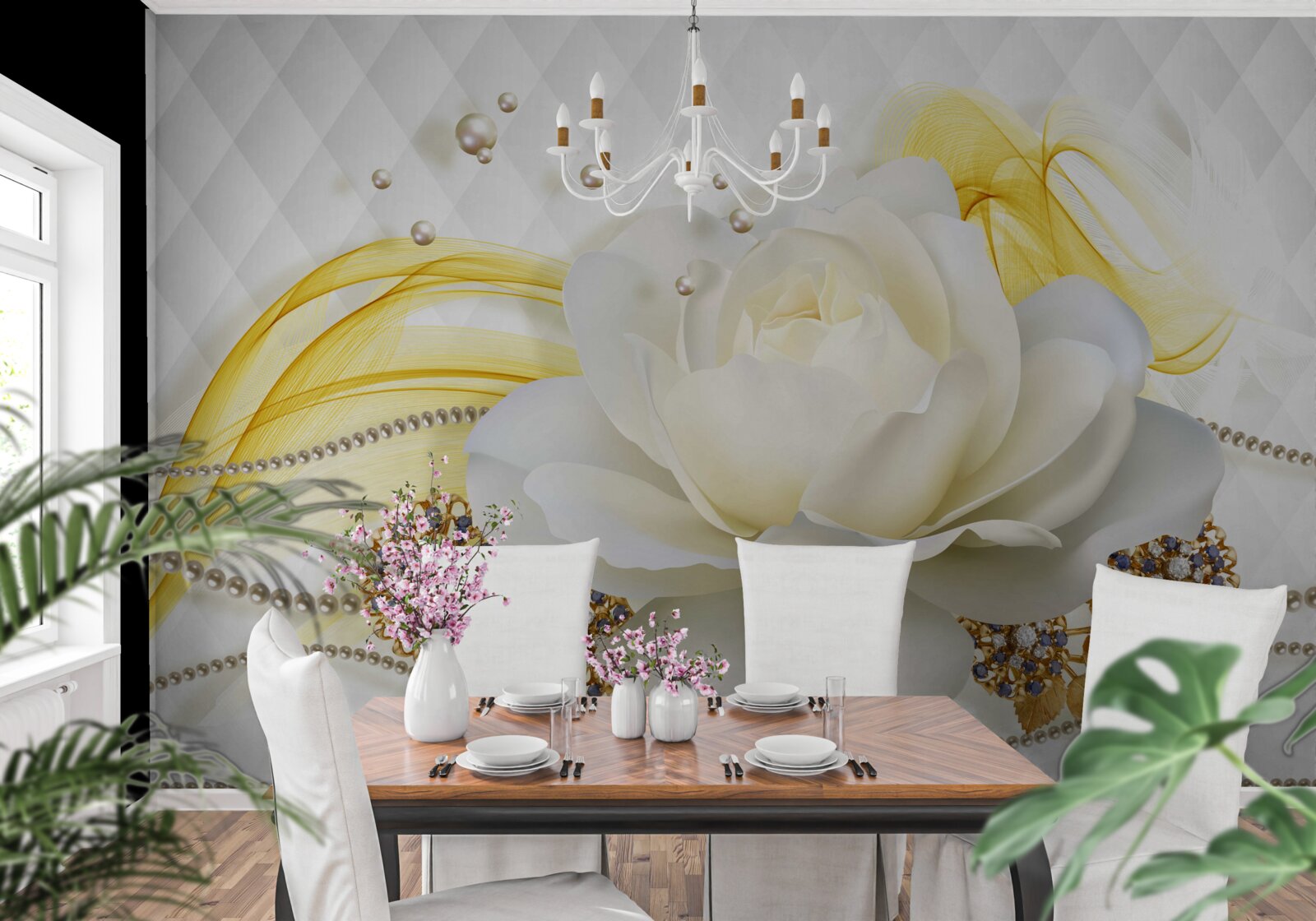 Fotobehang broches van albast met roos en steen ingelegd