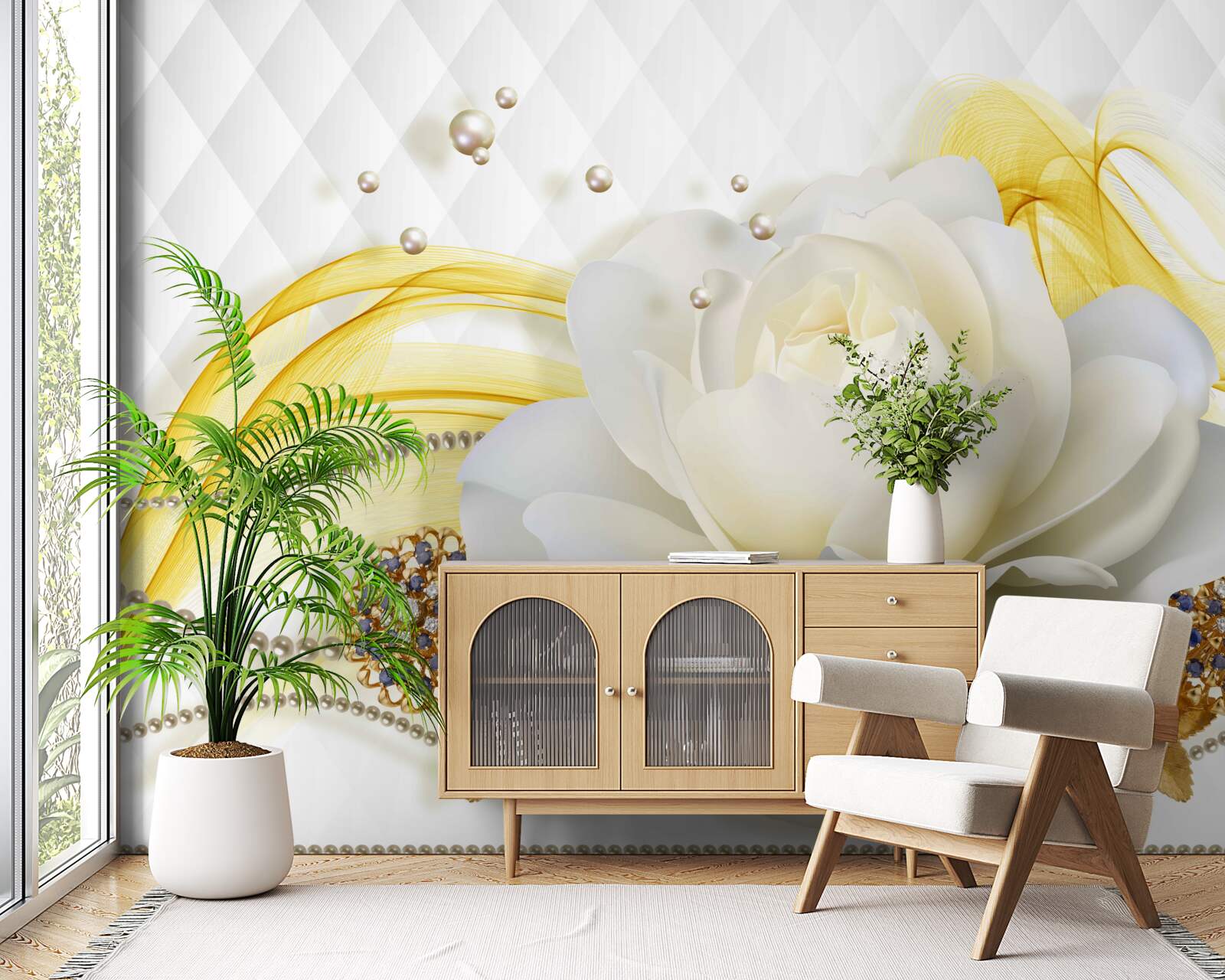 Fotobehang broches van albast met roos en steen ingelegd