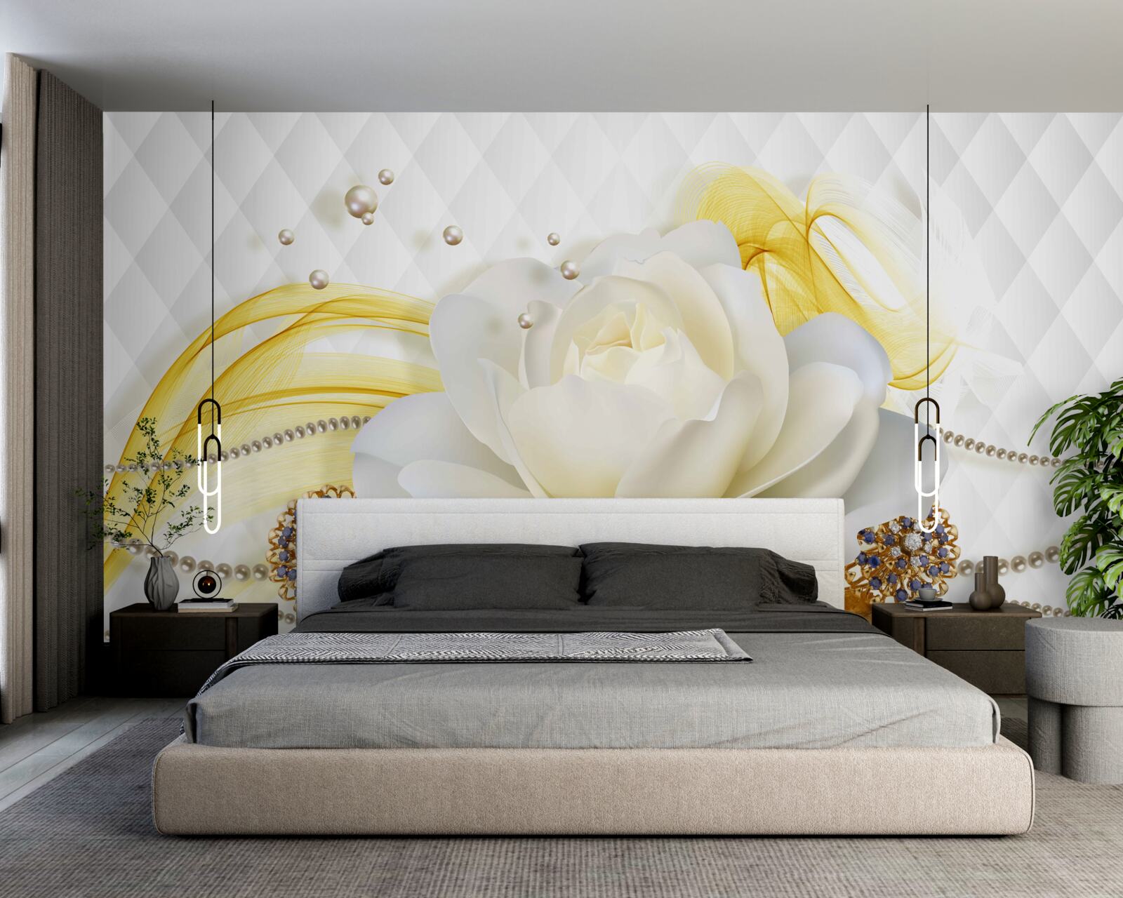 Fotobehang broches van albast met roos en steen ingelegd