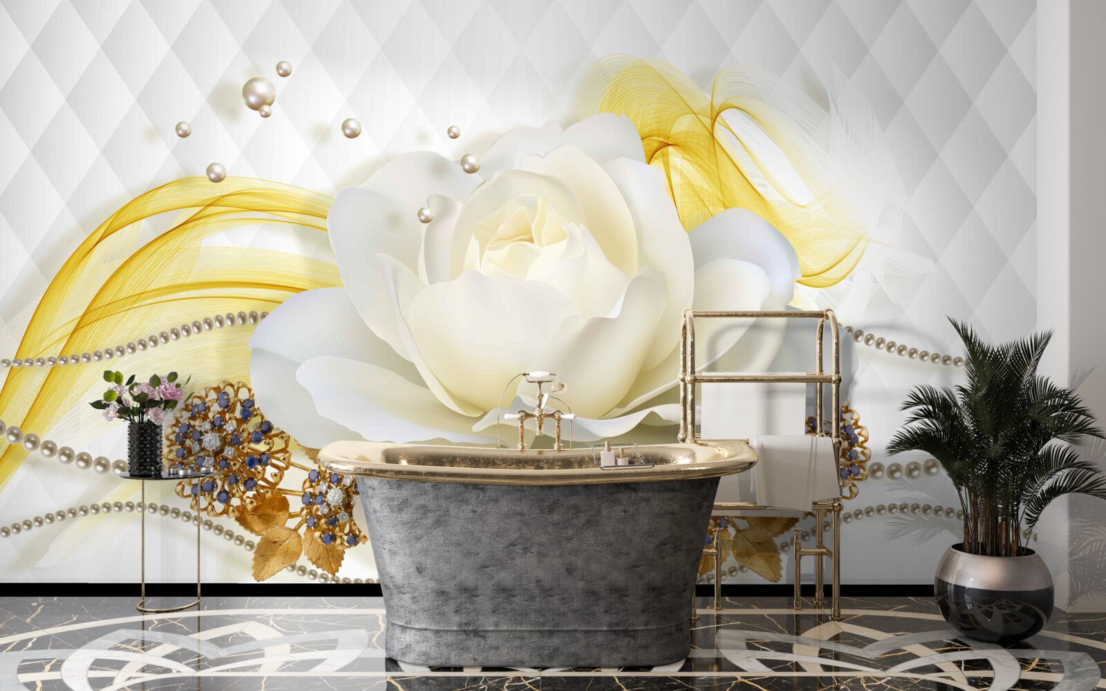 Fotobehang broches van albast met roos en steen ingelegd