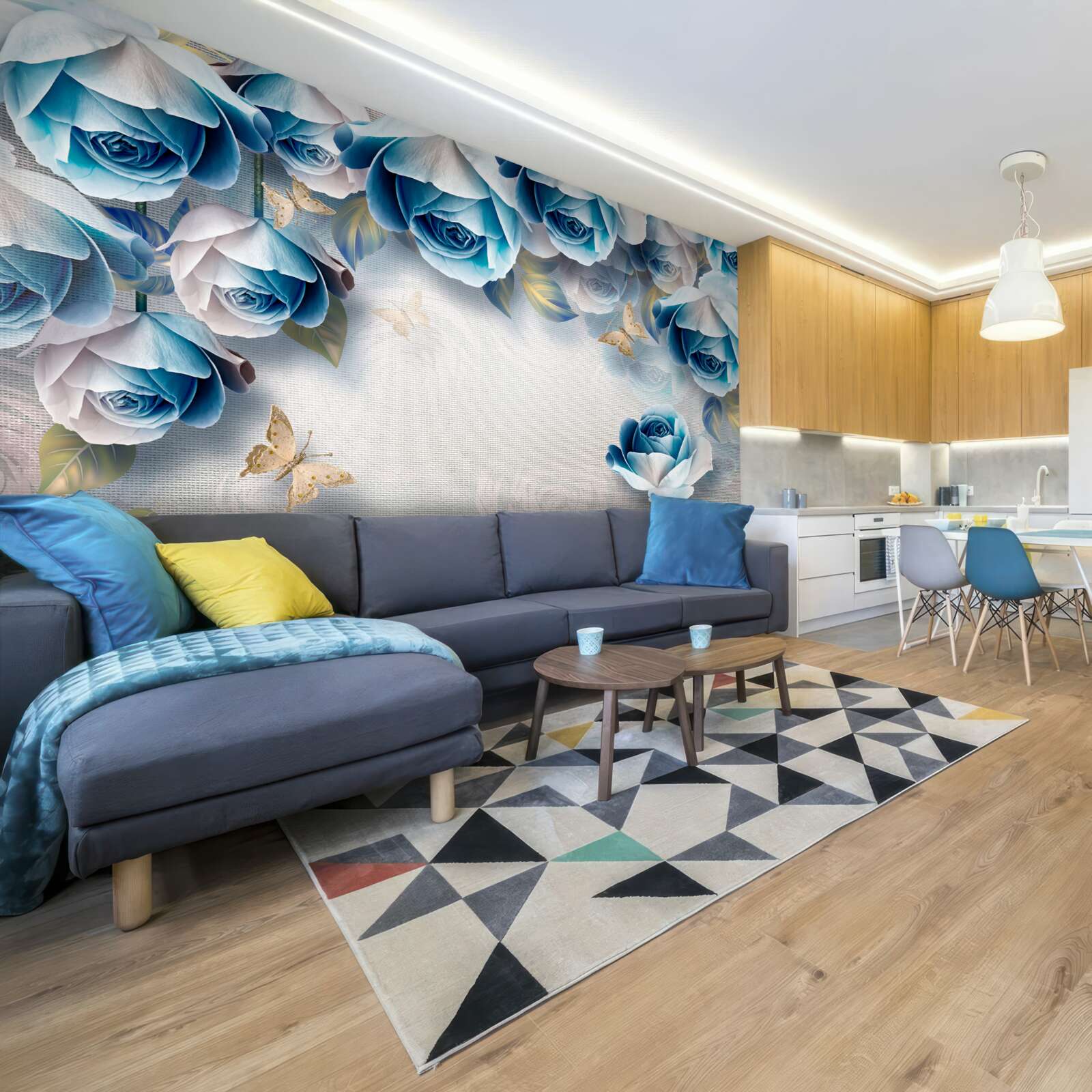 Fotobehang vlinders en blauwe rozen