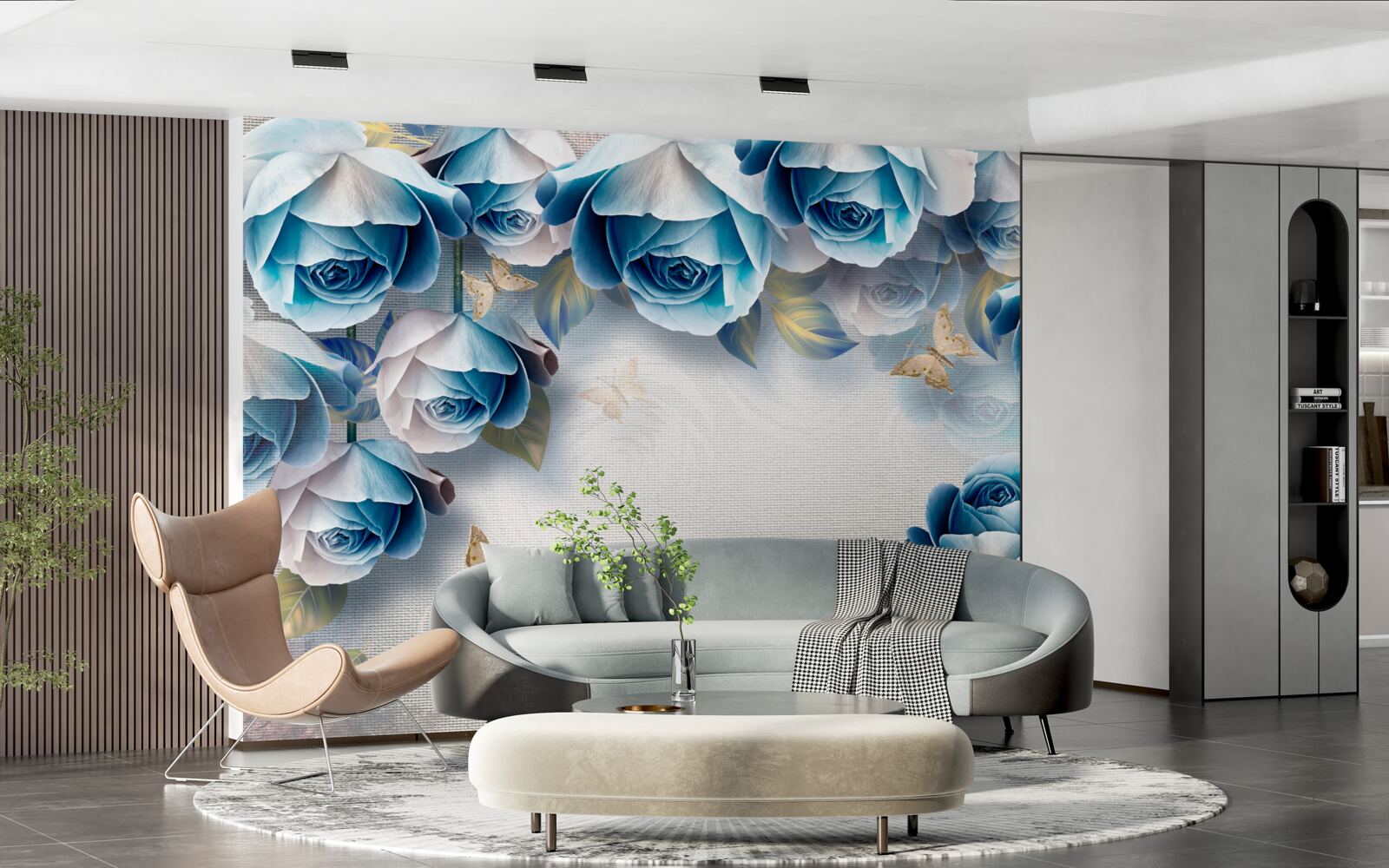 Fotobehang vlinders en blauwe rozen