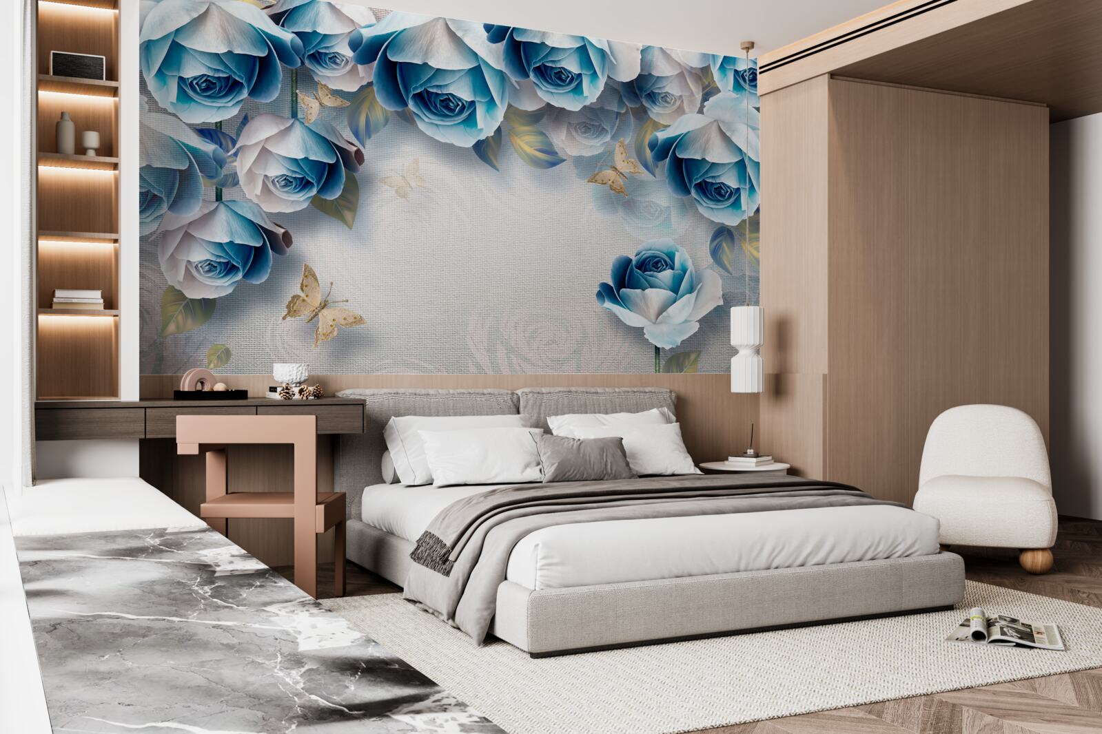 Fotobehang vlinders en blauwe rozen