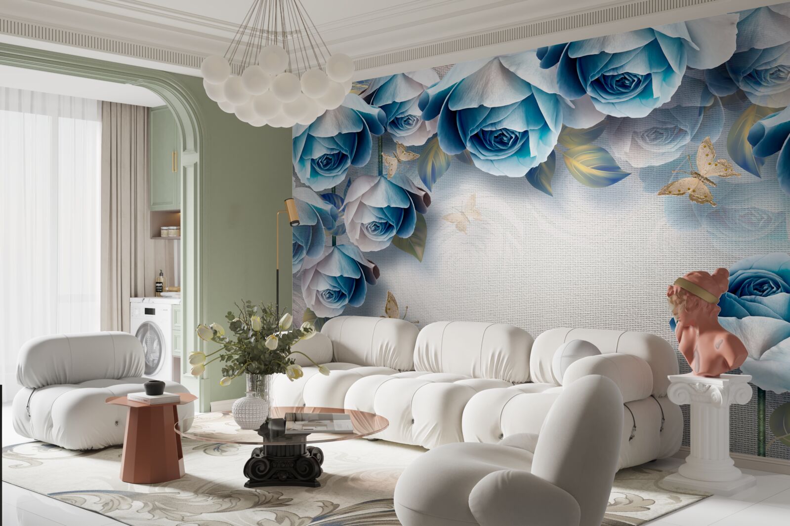 Fotobehang vlinders en blauwe rozen