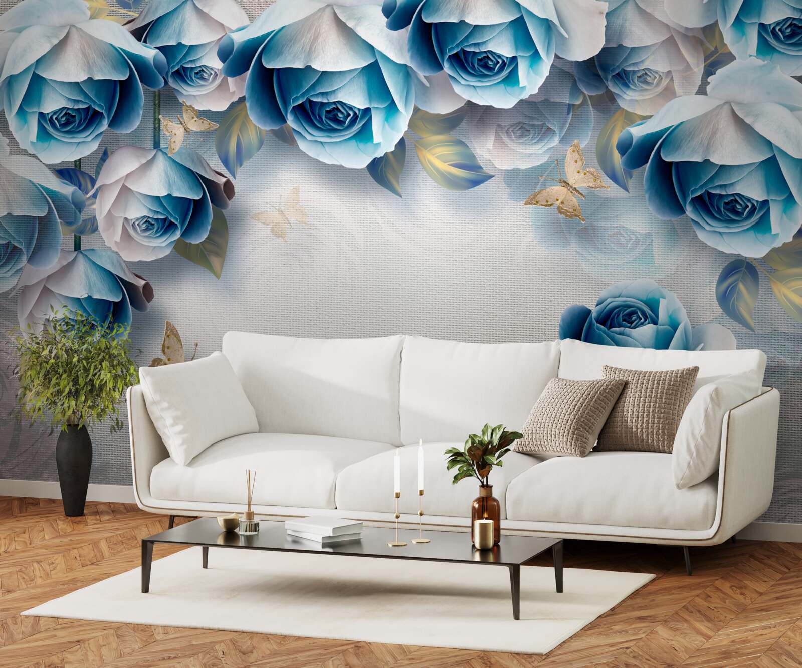 Fotobehang vlinders en blauwe rozen