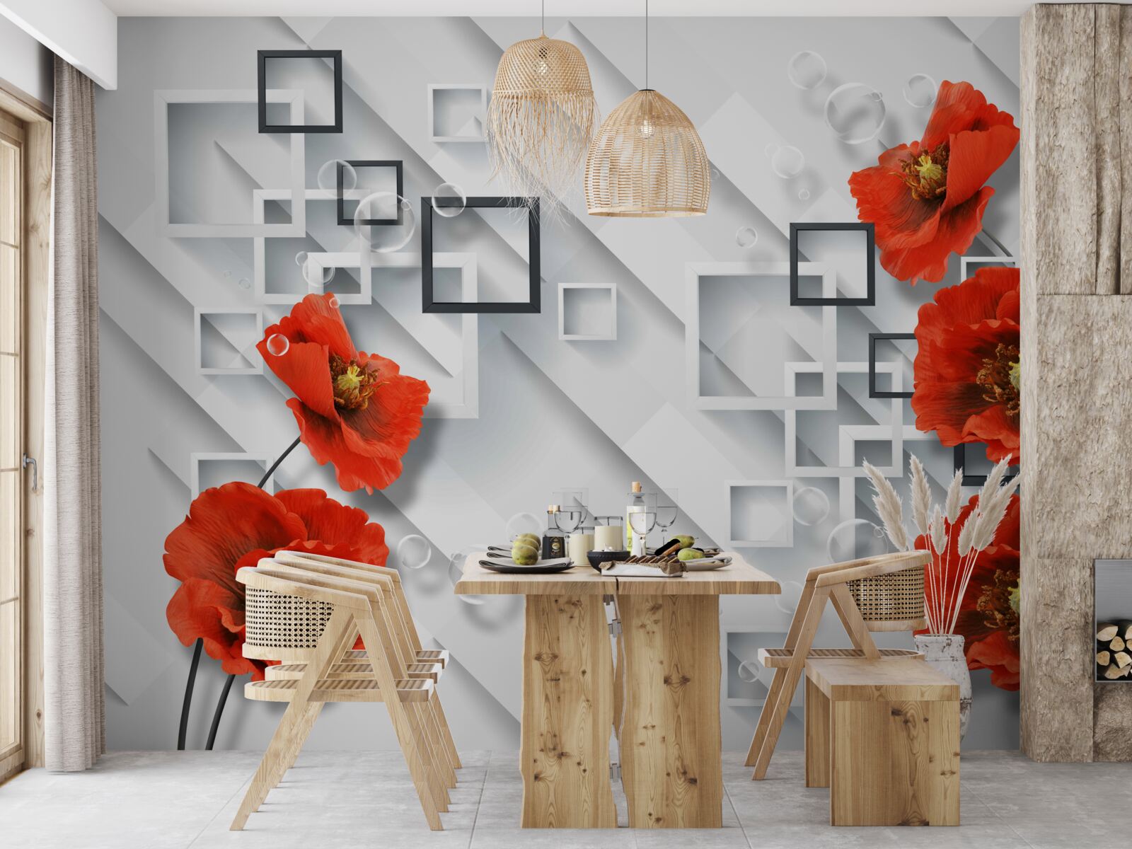 Fotobehang prachtige rode klaprozen op een ongewone achtergrond