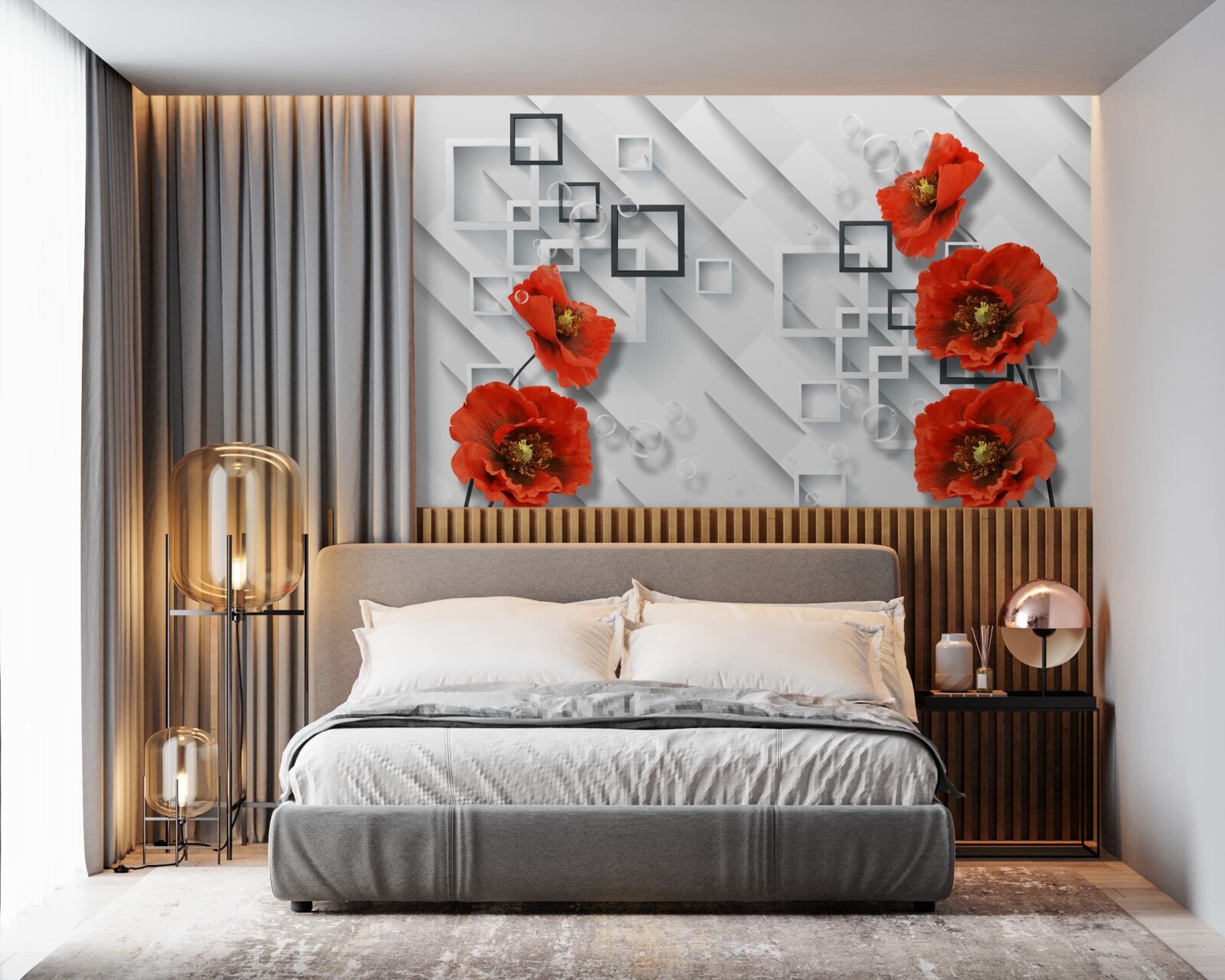 Fotobehang prachtige rode klaprozen op een ongewone achtergrond