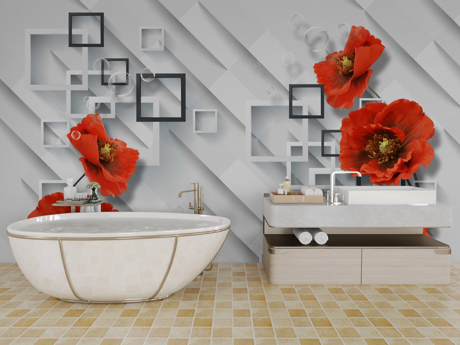 Fotobehang prachtige rode klaprozen op een ongewone achtergrond