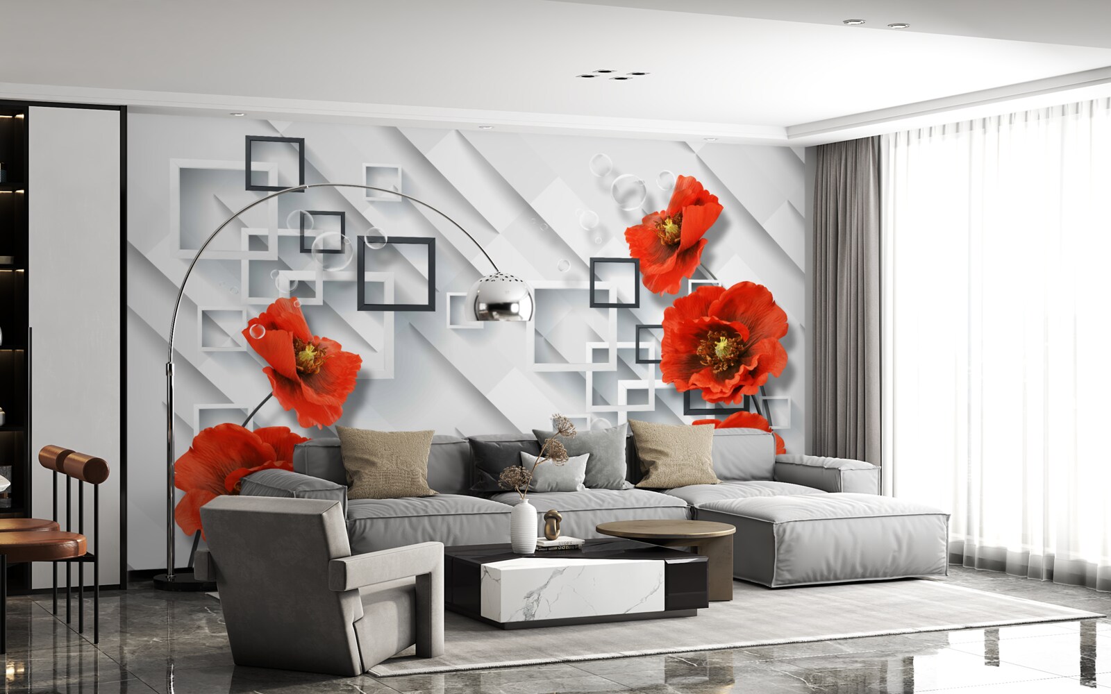 Fotobehang prachtige rode klaprozen op een ongewone achtergrond