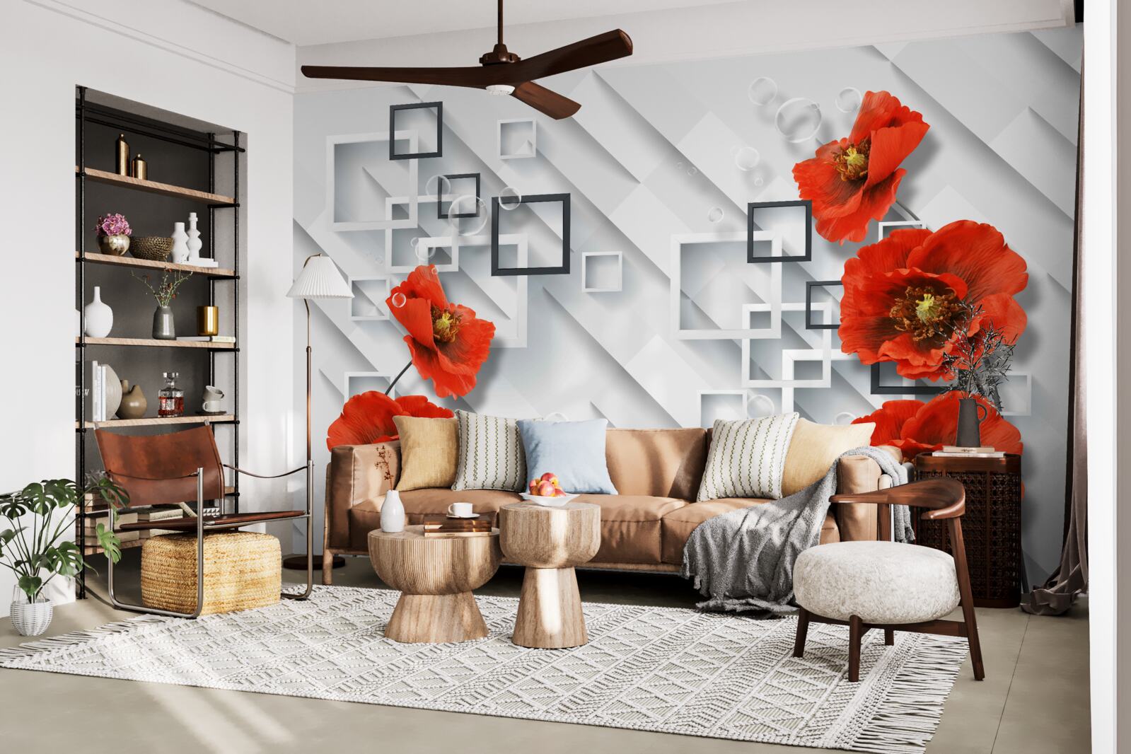 Fotobehang prachtige rode klaprozen op een ongewone achtergrond