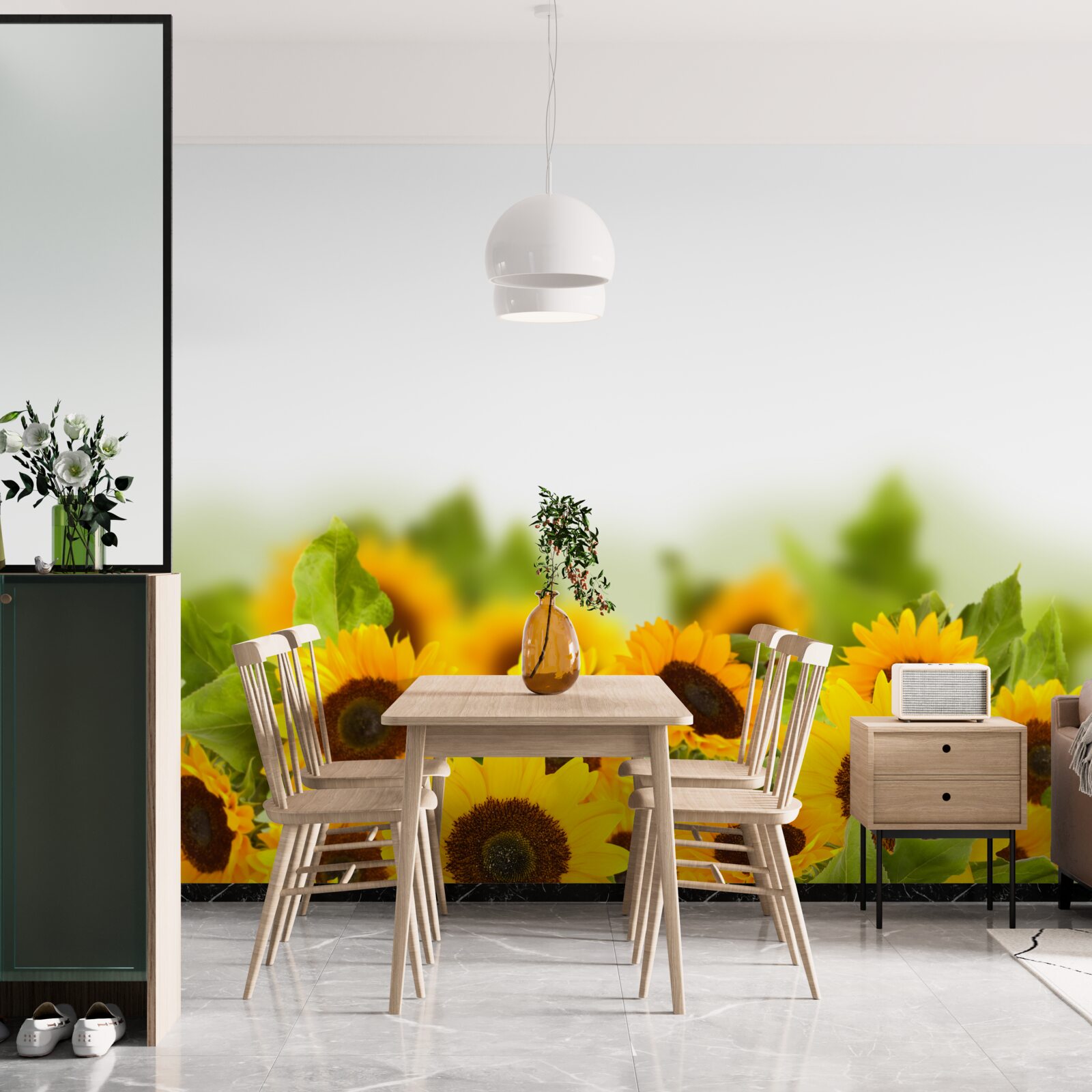 Fotobehang veld versierd met kleurrijke zonnebloemen