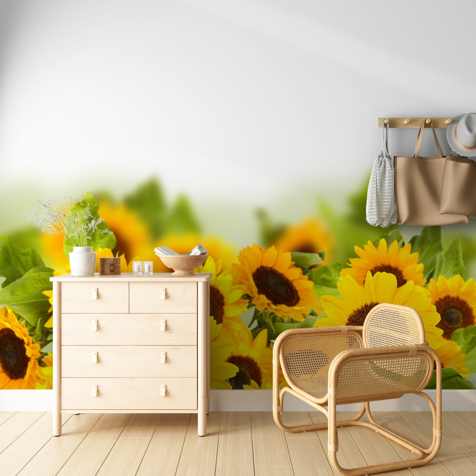 Fotobehang veld versierd met kleurrijke zonnebloemen