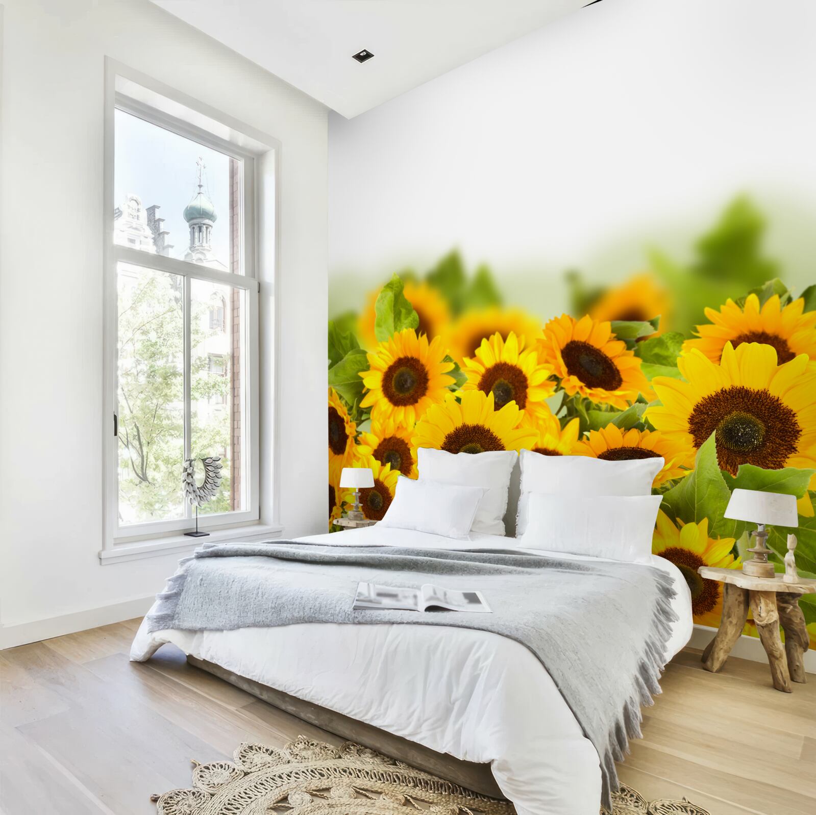 Fotobehang veld versierd met kleurrijke zonnebloemen