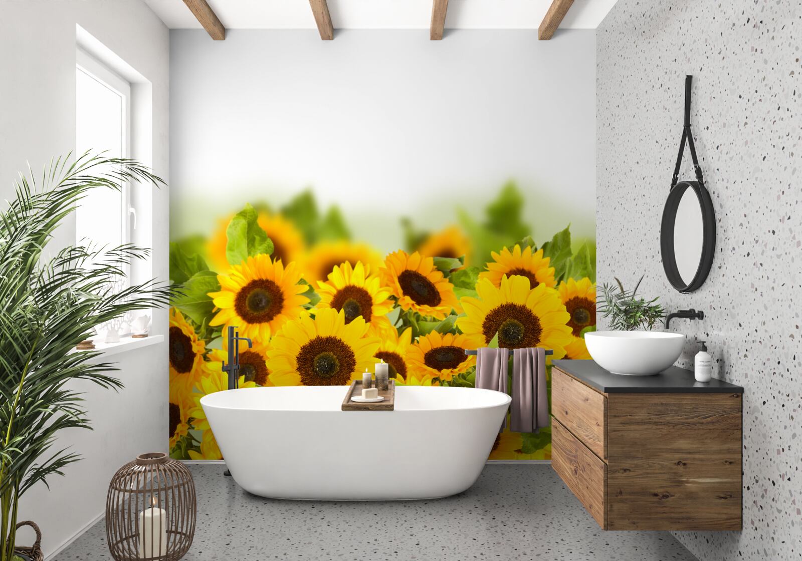 Fotobehang veld versierd met kleurrijke zonnebloemen