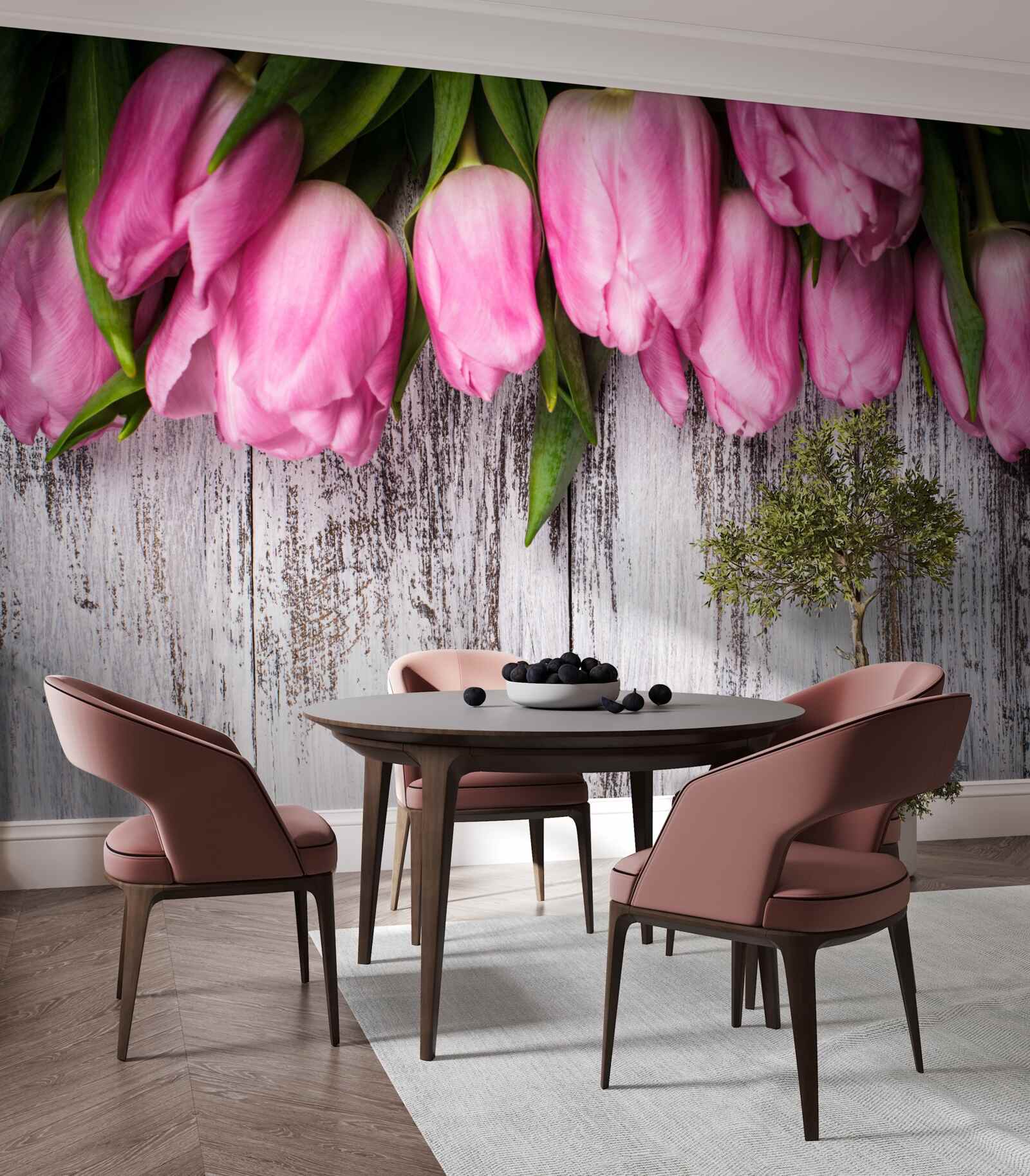 Fotobehang roze tulpen op een houten achtergrond