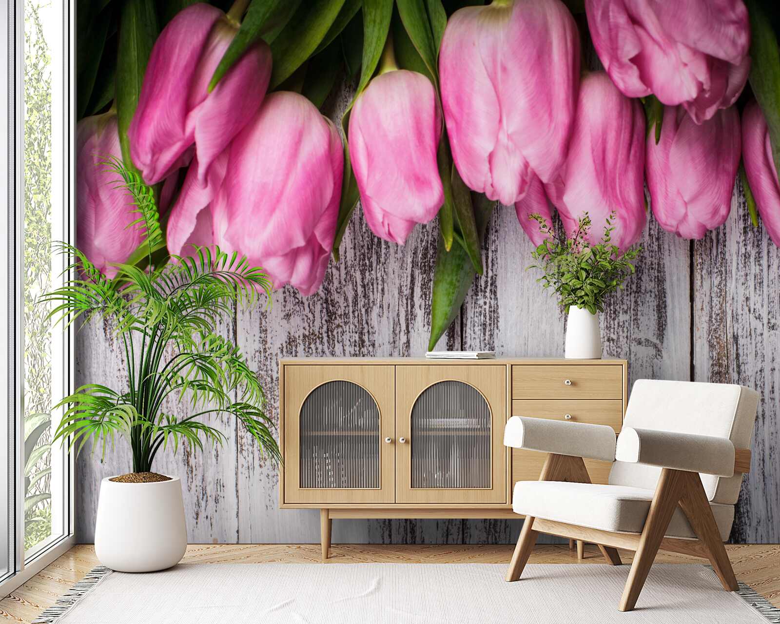 Fotobehang roze tulpen op een houten achtergrond
