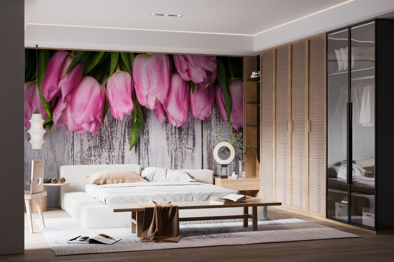 Fotobehang roze tulpen op een houten achtergrond