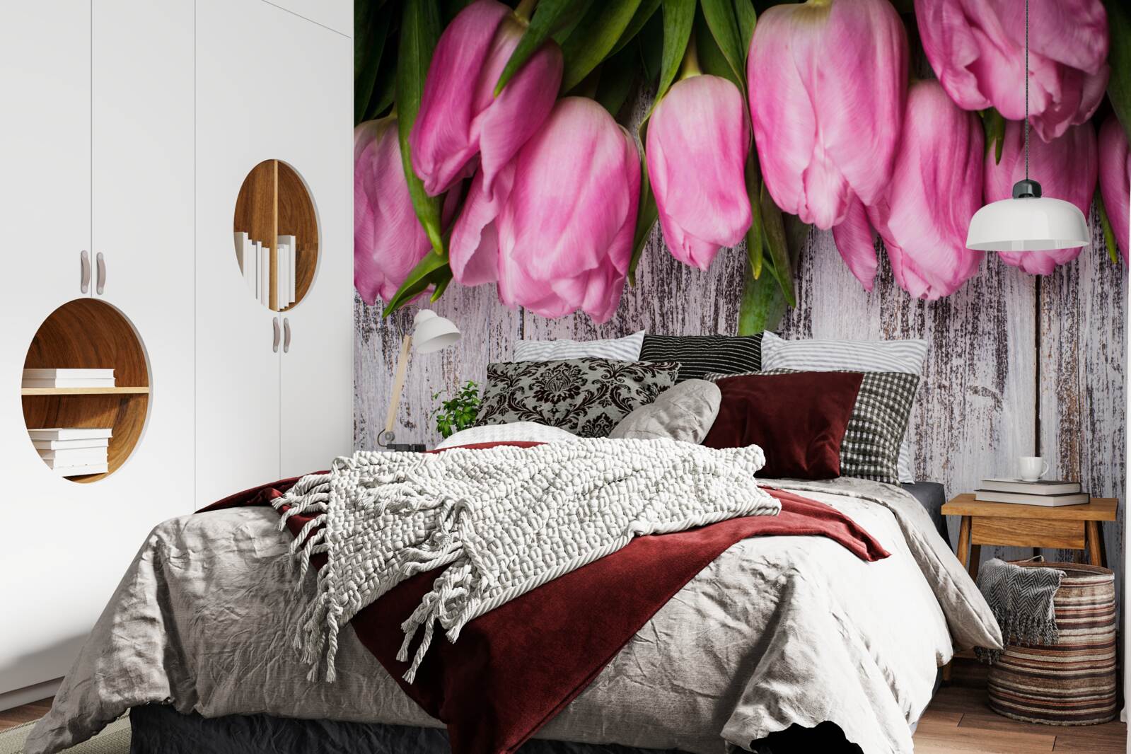 Fotobehang roze tulpen op een houten achtergrond