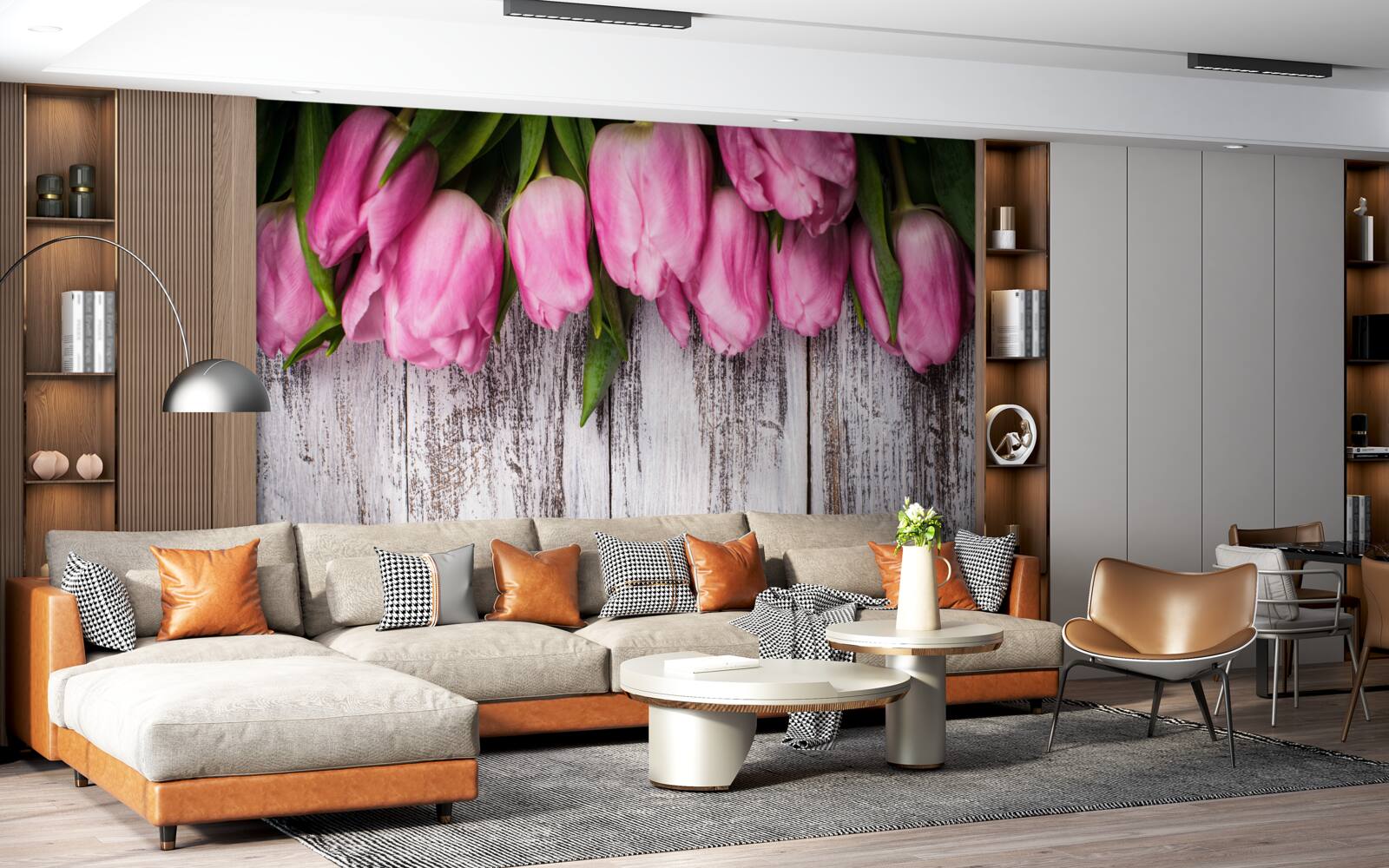 Fotobehang roze tulpen op een houten achtergrond